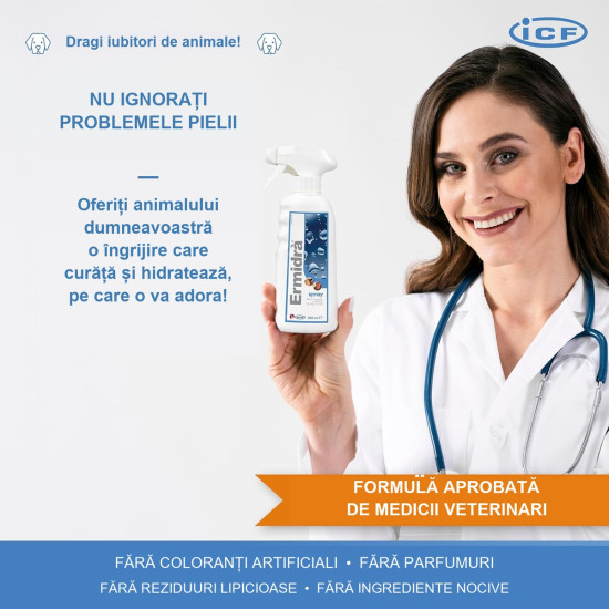 ICF Ermidra Spray, 300 ml – soluție dermatologică hidratantă pentru câini și pisici